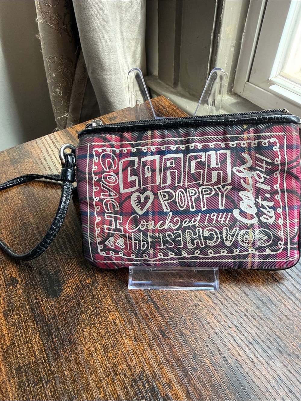 COACH Pink and Black Poppy Plaid Wristlet